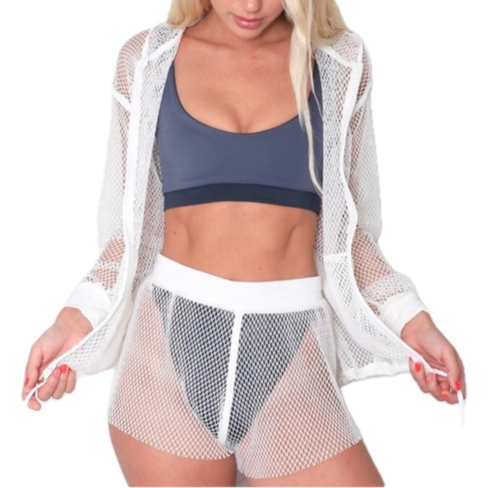 Tribe Kelley White Fishnet Mesh Two Piece Malibu Hoodie Shorts Swim Cover Up